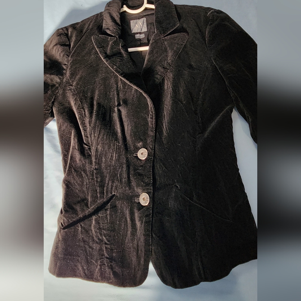 ARMANI EXCHANGE Black Velvet Blazer with Button Details